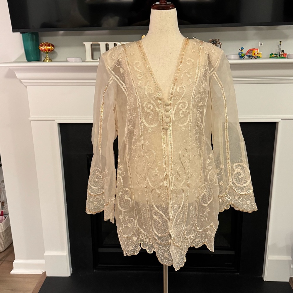 Donnavinci Embroidered Sheer Champagne Tunic Jacket – Size 16